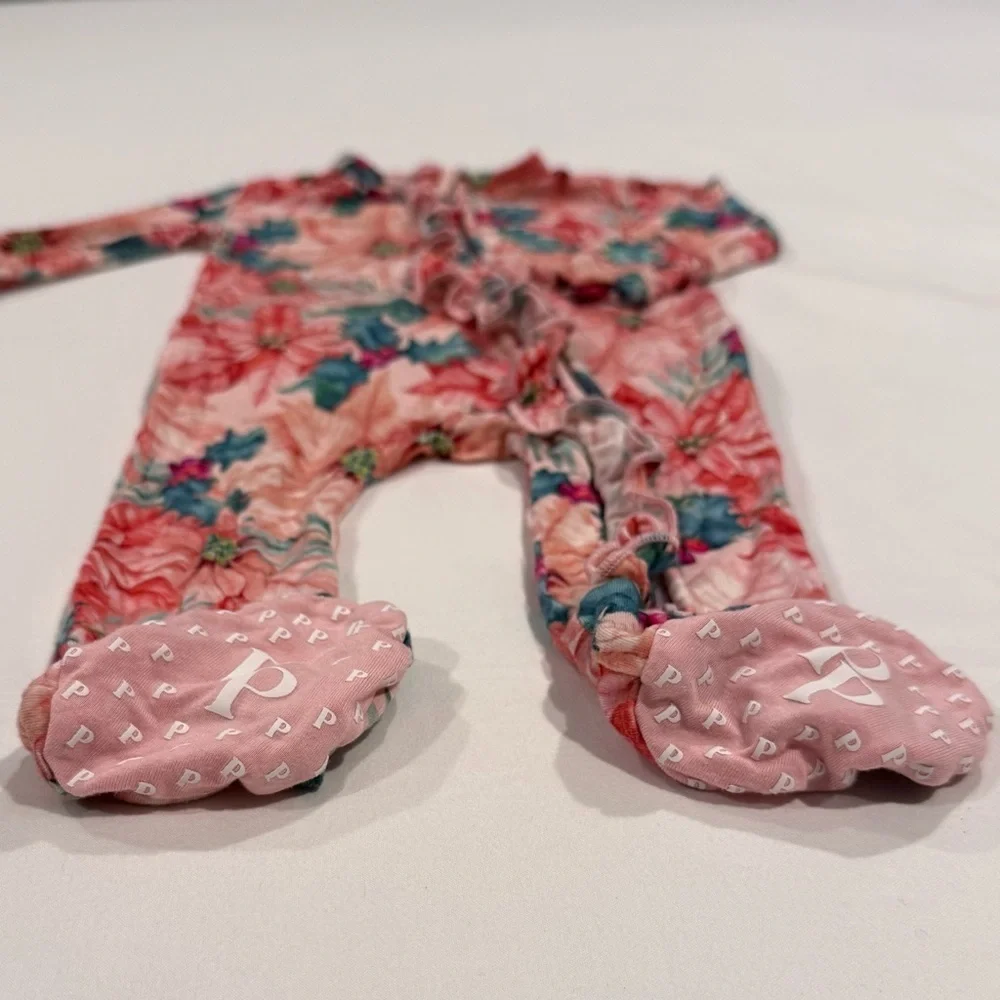 Posh Peanut Footie Girls 0-3M Ruffled Zippered Christmas Bamboo Pink Poinsettias